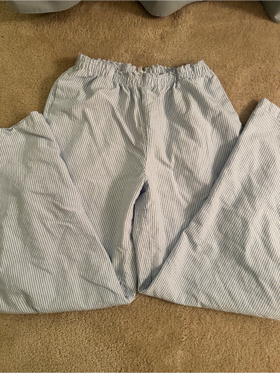 Cali1850 Pants - Light Blue and White Striped Elastic Waist Pants— Tie Side
